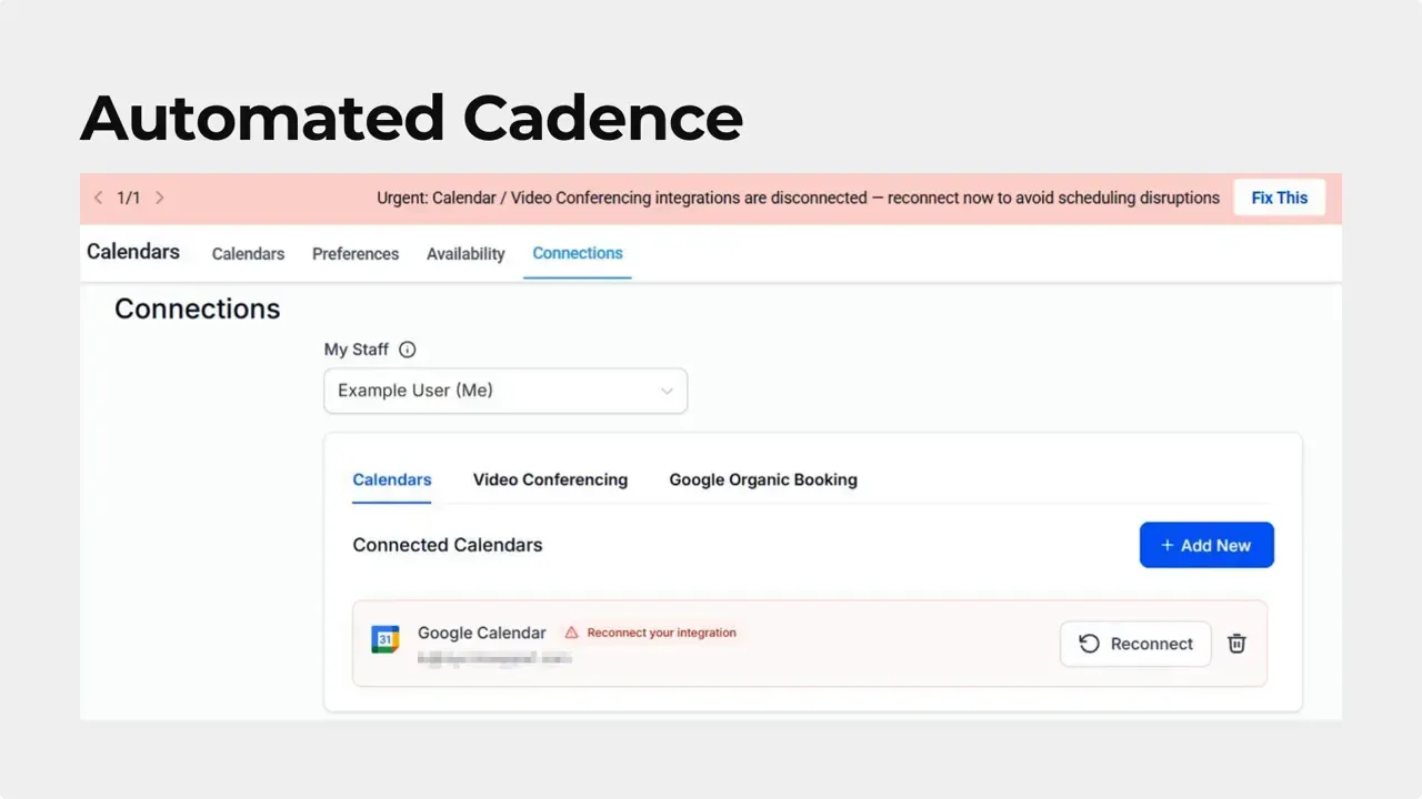 Settings Connections screen with a pink urgent banner 'Calendar / Video Conferencing integrations are disconnected' and a connected calendars card showing Google Calendar with 'Reconnect' action.