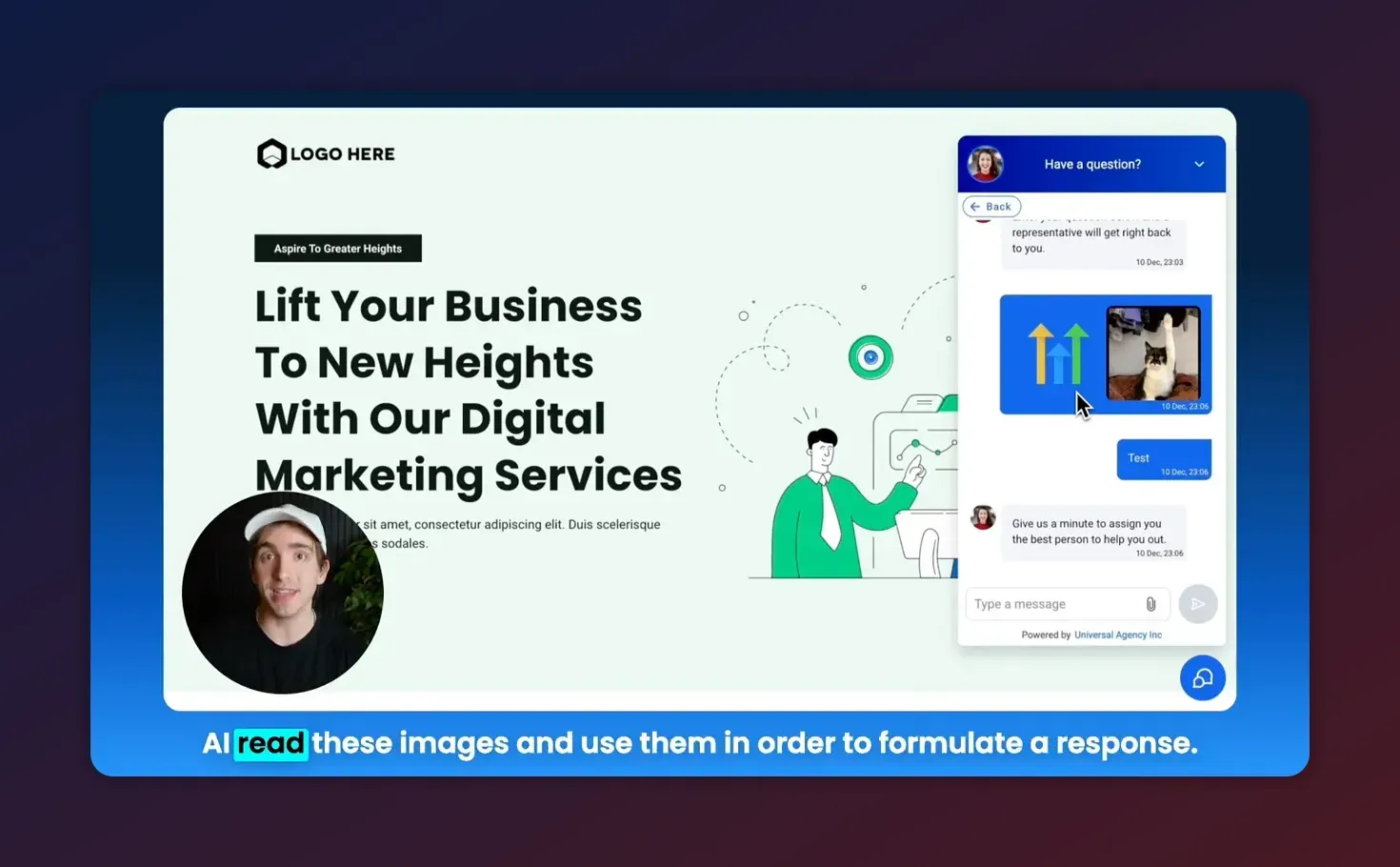 Website mock with live chat open showing an uploaded image thumbnail and a cursor pointing at the image.