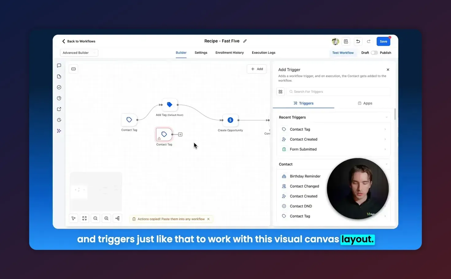 Advanced Builder canvas showing a disconnected Contact Tag node and the Add Trigger pane ready to reconnect branches