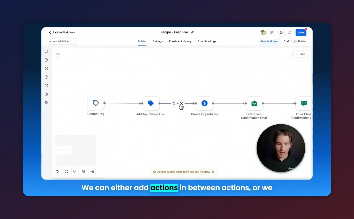 HighLevel Advanced Builder showing cursor over a connection with the plus insert icon between actions