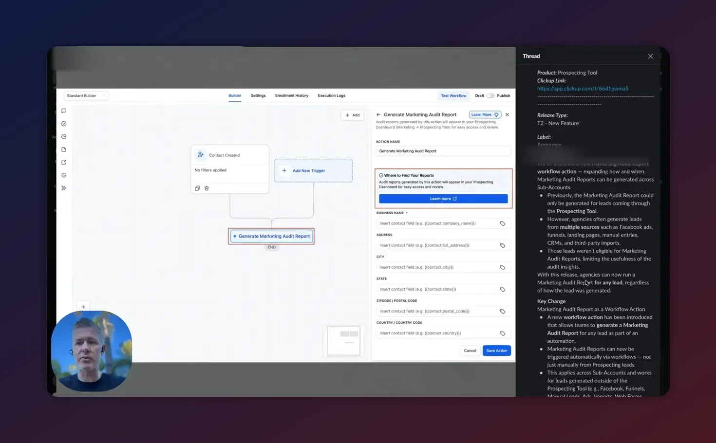 Clear HighLevel Workflow Builder screenshot showing the 'Generate Marketing Audit Report' action on the canvas and the action settings panel, ready for configuration.