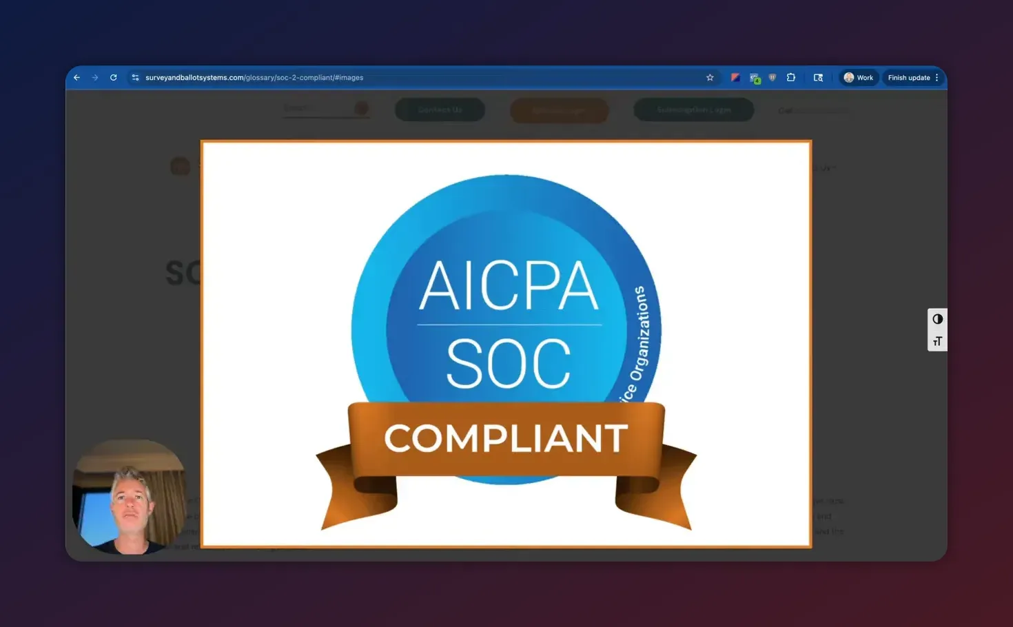 Clear AICPA SOC compliant badge centered on a presentation slide with small presenter thumbnail
