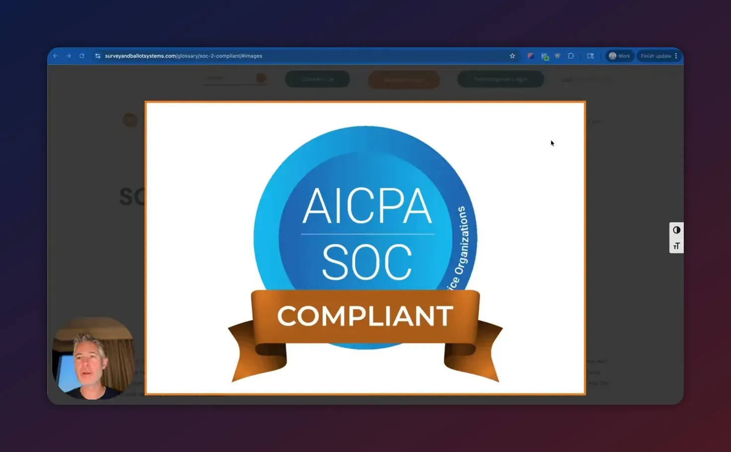 Crisp AICPA SOC Compliant badge centered on presentation slide with small presenter inset