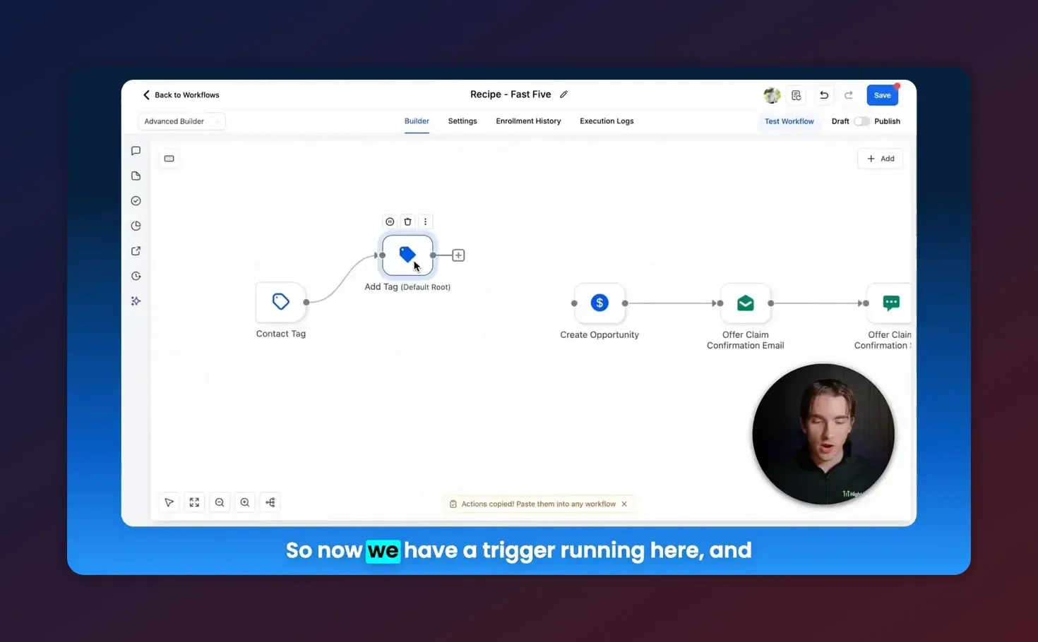 Wide Advanced Builder canvas: Contact Tag connected to Add Tag (Default Root) with a curved connection and Create Opportunity to the right; presenter thumbnail visible.