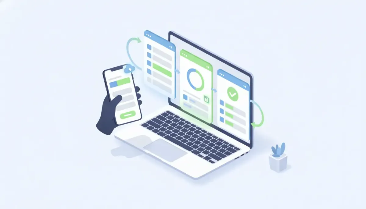 Illustration of multi-step survey screens on mobile and desktop with preserved answers, progress indicators, navigation arrows and a save icon representing response persistence to boost surv