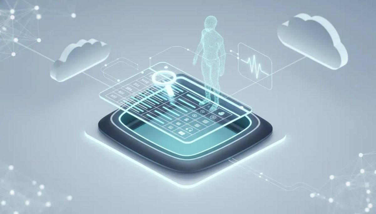 Isometric illustration of glowing structured data tables linked to a holographic AI assistant, search magnifier, and voice-waveform representing an AI knowledge base