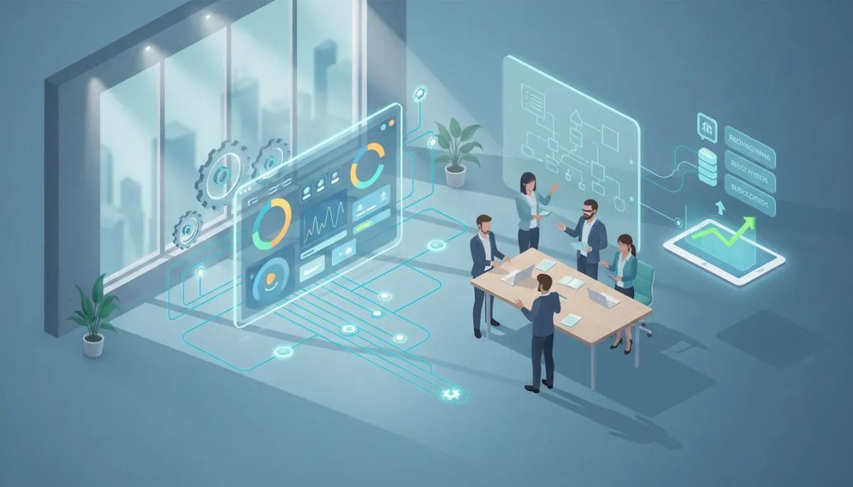 Isometric illustration of a systems-driven marketing agency with a central software dashboard, gears and flow lines for automation, a rising revenue chart, and a small team collaborating