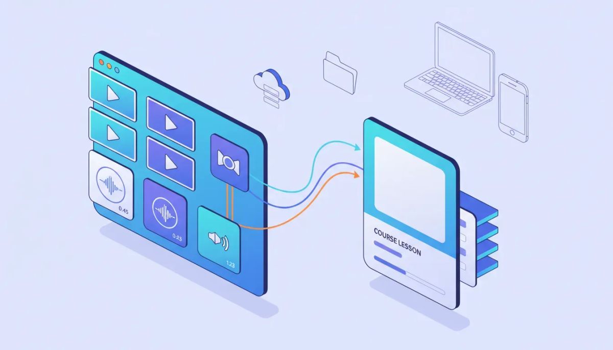 Illustration of a digital media library linking audio and video files into an online course lesson