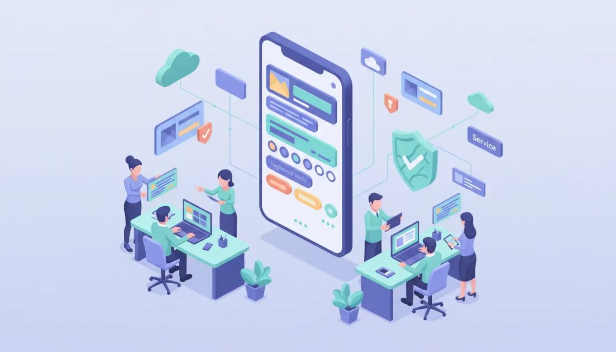 Abstract illustration of a marketing agency integrating RCS messaging with a platform like HighLevel: a smartphone displaying rich chat features (media previews, suggested replies, typing in