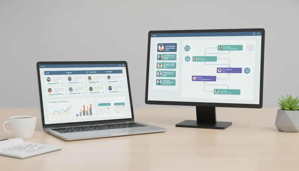 LeadConnector desktop app mockup on macOS laptop and Windows monitor showing CRM dashboard with pipelines, messaging bubbles, calendar, charts and automation flow for agencies and marketers