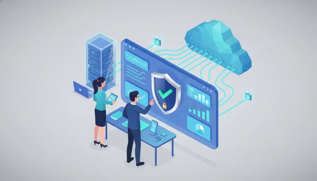 Isometric illustration of a marketing agency team reviewing SOC 2 compliance for a SaaS CRM: floating dashboards, cloud, shield with checkmark, padlock and encrypted data flows