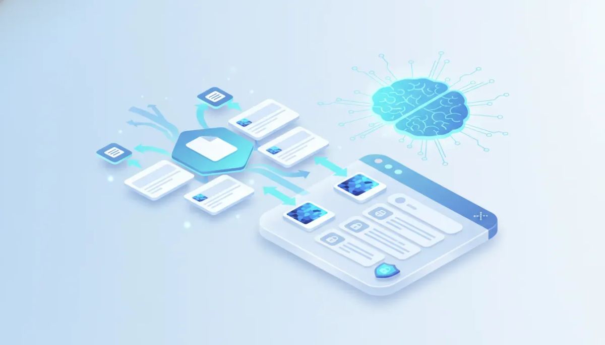 Website live chat widget receiving image and PDF uploads, with a glowing AI network analyzing files and routing them to an automated dashboard, security shield visible