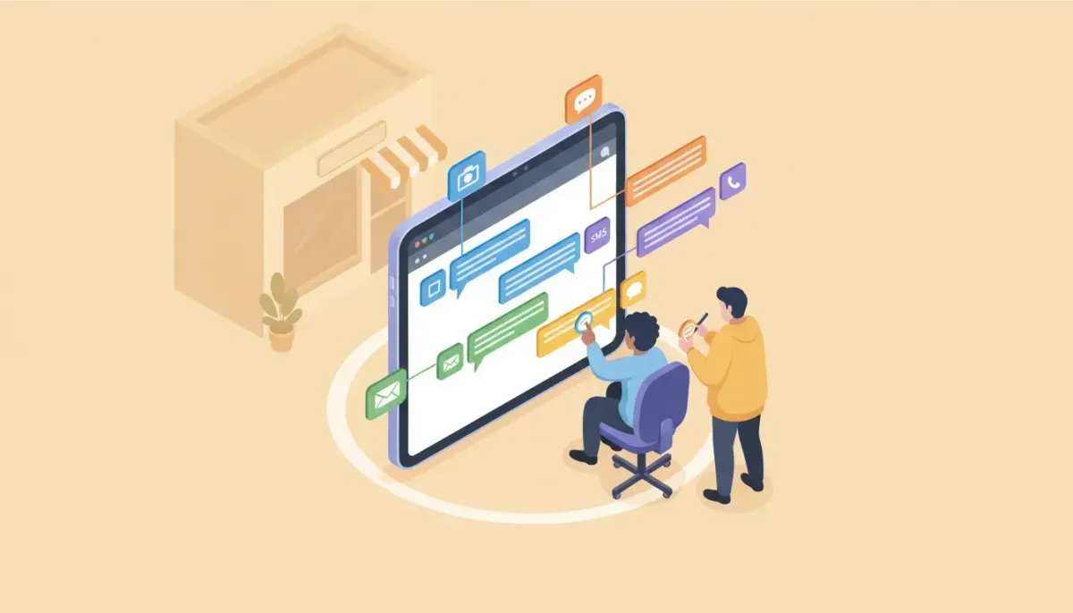 Isometric illustration of a unified inbox on a laptop aggregating customer messages (social, SMS, email, chat) with two team members managing conversations for a local business storefront.