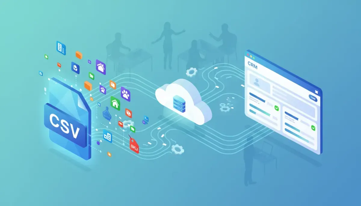 Isometric illustration of a CRM dashboard bulk importing hundreds of colorful custom object icons (companies, properties, pets, orders) from a CSV into a cloud-based system with progress bar