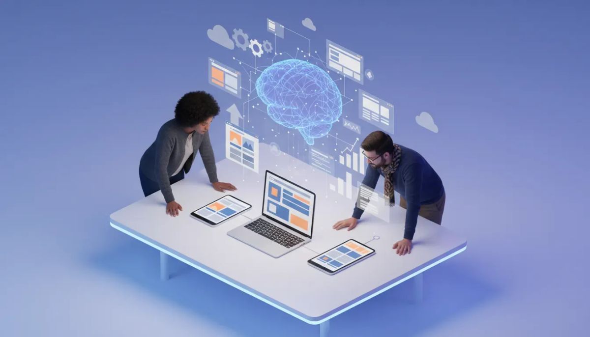 Isometric illustration of an agency team using an AI site builder: devices with website layouts, holographic AI brain, floating templates and growth charts