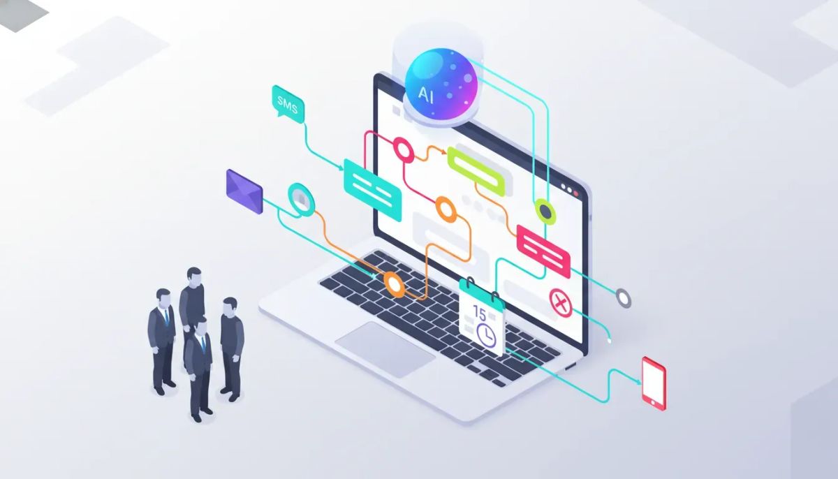 Isometric illustration of an automated Auto AI follow-up flow in HighLevel Flow Builder showing a flowchart on a device screen, an AI holographic assistant, multichannel message icons, a cal