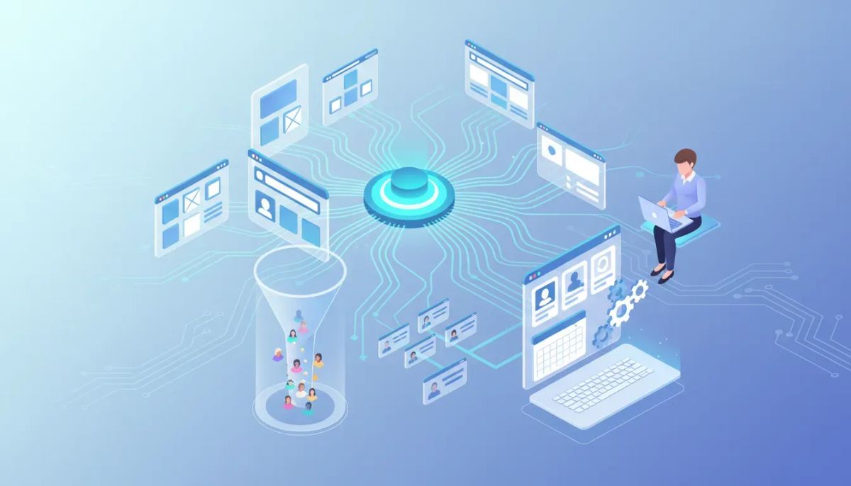 Isometric illustration of AI-powered website and funnel generation connecting landing pages, a lead funnel, and CRM/appointment workflow for marketing agencies