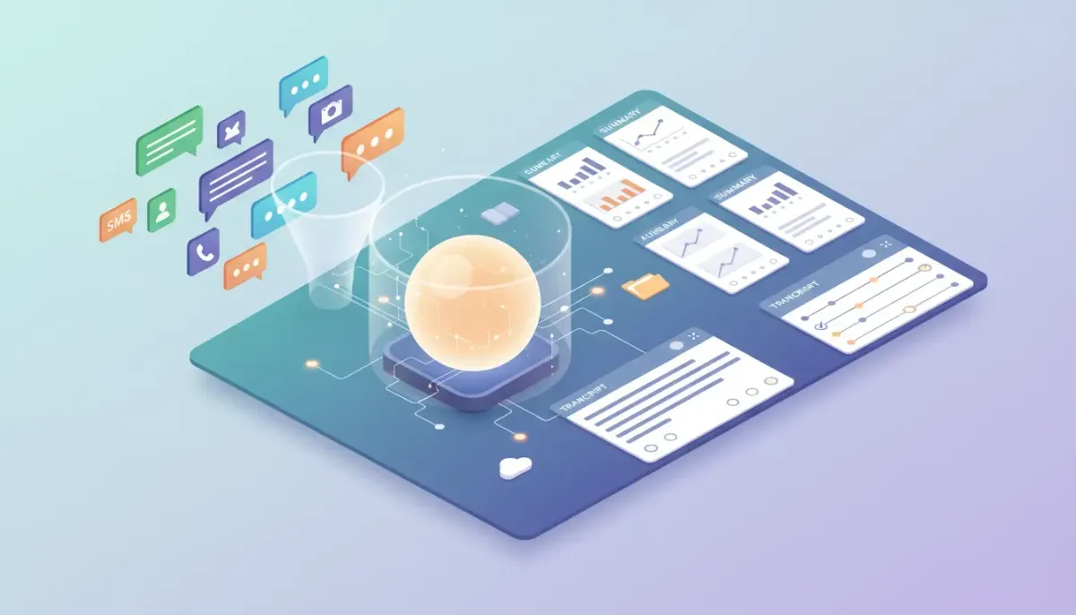 Isometric illustration of an AI core converting multiple colorful chat bubbles into neat summary cards, a transcript scroll, and a timeline log on a centralized dashboard, representing conve