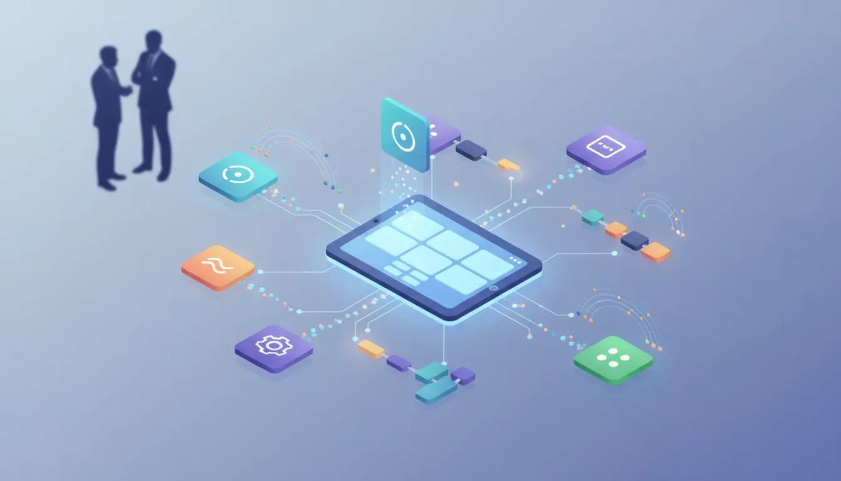 Isometric illustration of a central CRM hub connected to multiple app tiles by glowing pipelines representing integrations, automations, and webhooks for HighLevel