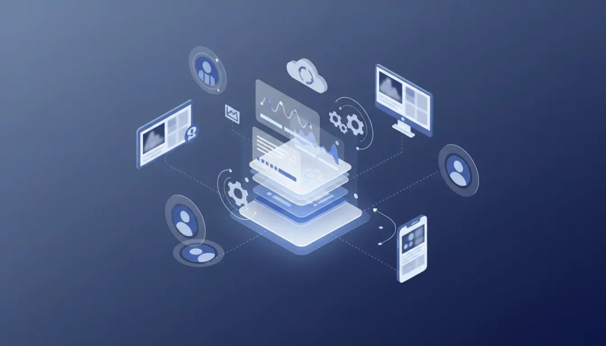 Isometric illustration of an agency deploying LinkedIn ad campaign templates via HighLevel snapshots across multiple client accounts, showing template cards, client connections, charts, and 