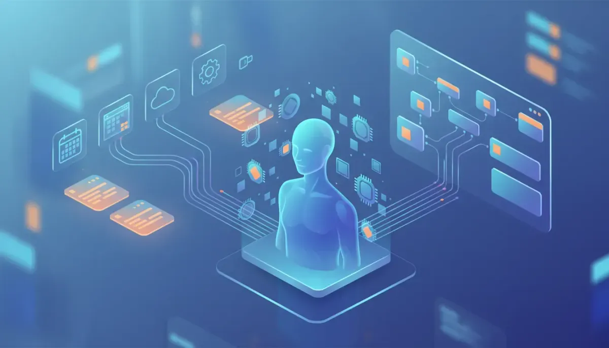 Abstract illustration of an AI agent studio dashboard showing a central virtual assistant with reusable custom value tokens and glowing data streams connecting multiple variable sources like
