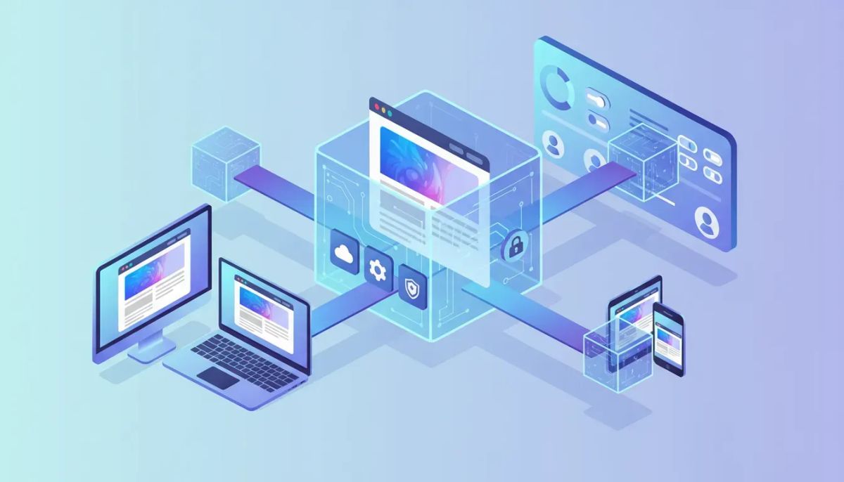 Isometric 3D illustration of a WordPress-style website being packaged into digital 'snapshots' and deployed from a central agency dashboard to multiple client devices, symbolizing HighLevel 