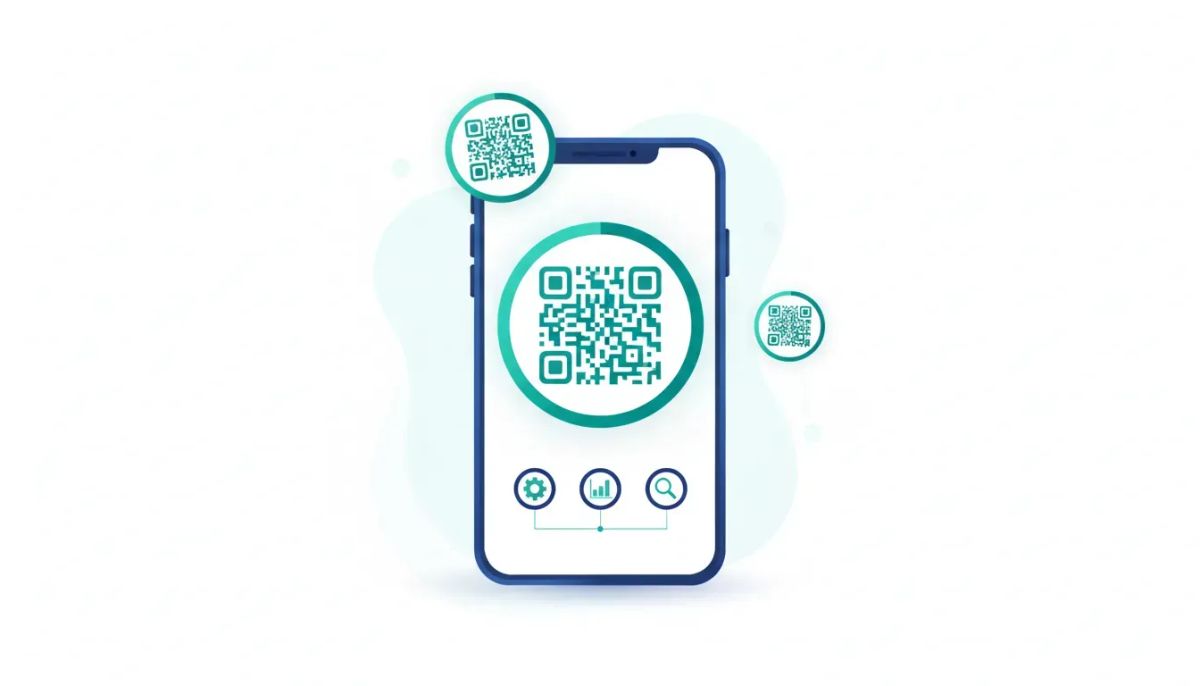Modern circular QR code shown on a smartphone screen with a clean tech dashboard background, illustrating a design upgrade that looks more brand-friendly.