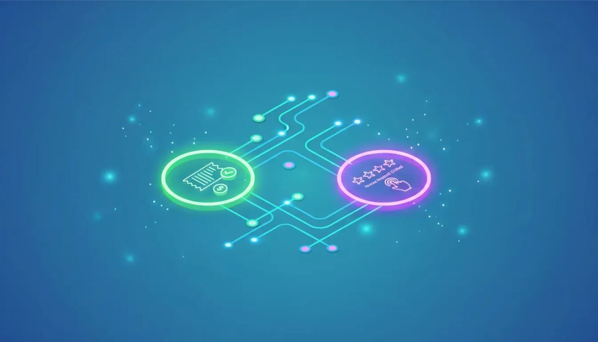 Abstract workflow illustration with two glowing goal nodes: a receipt with a green checkmark for invoice paid and a star rating being clicked for review request clicked, connected by neon au