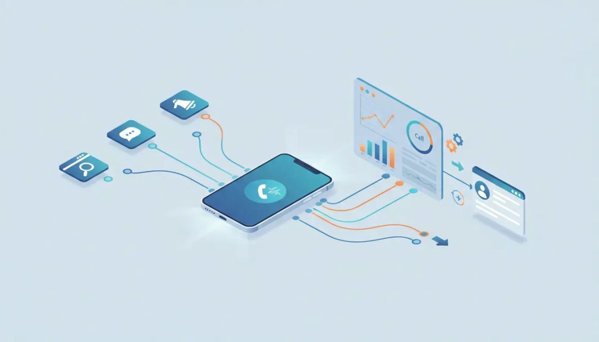 Isometric illustration of phone call attribution by campaign: smartphone and glowing call lines linking marketing channel icons to an analytics dashboard and CRM contact card, showing call t