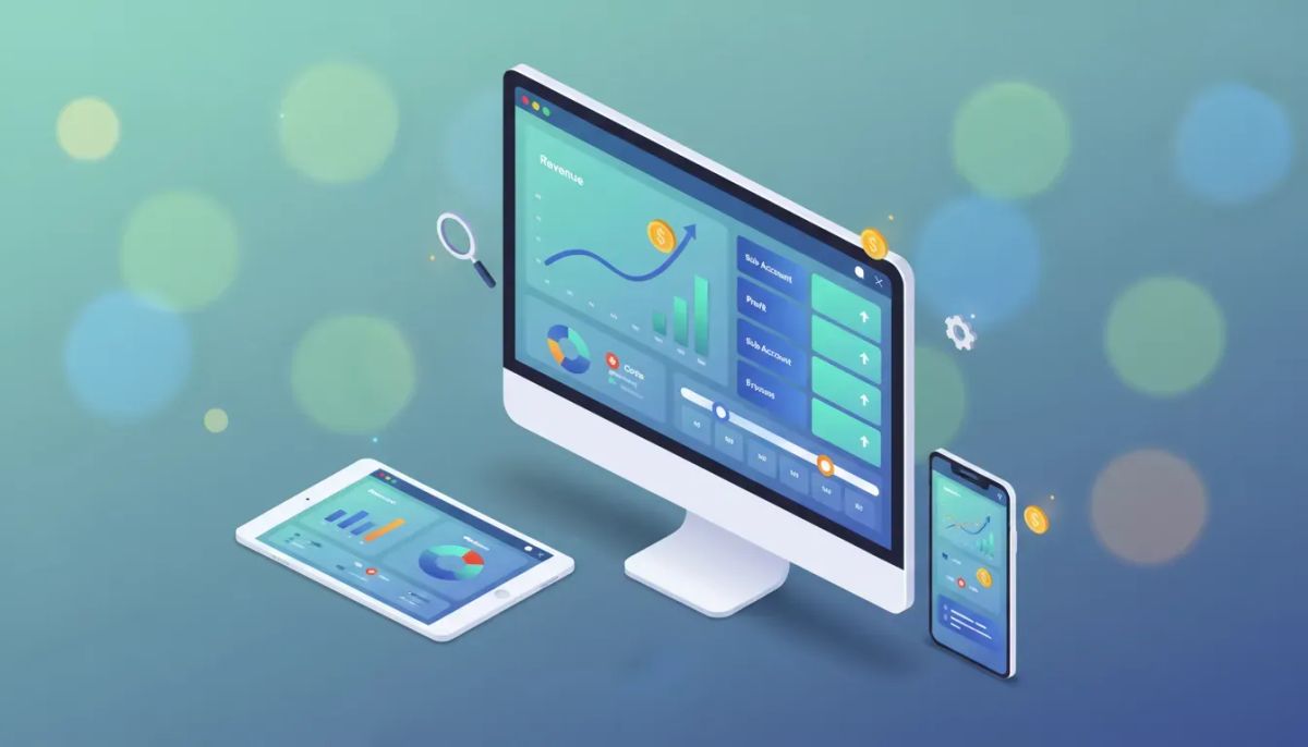 Isometric illustration of a multi-device marketplace earnings dashboard showing revenue, cost, and profit charts, sub-account breakdowns, coins and growth arrows indicating financial analyti