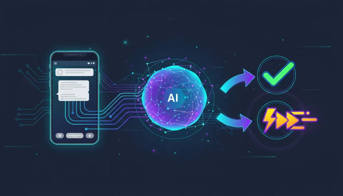 Abstract illustration of an AI validation flow from a chat widget to fast approval for A2P campaigns and first-time ATP registration, with checkmark and speed icons.