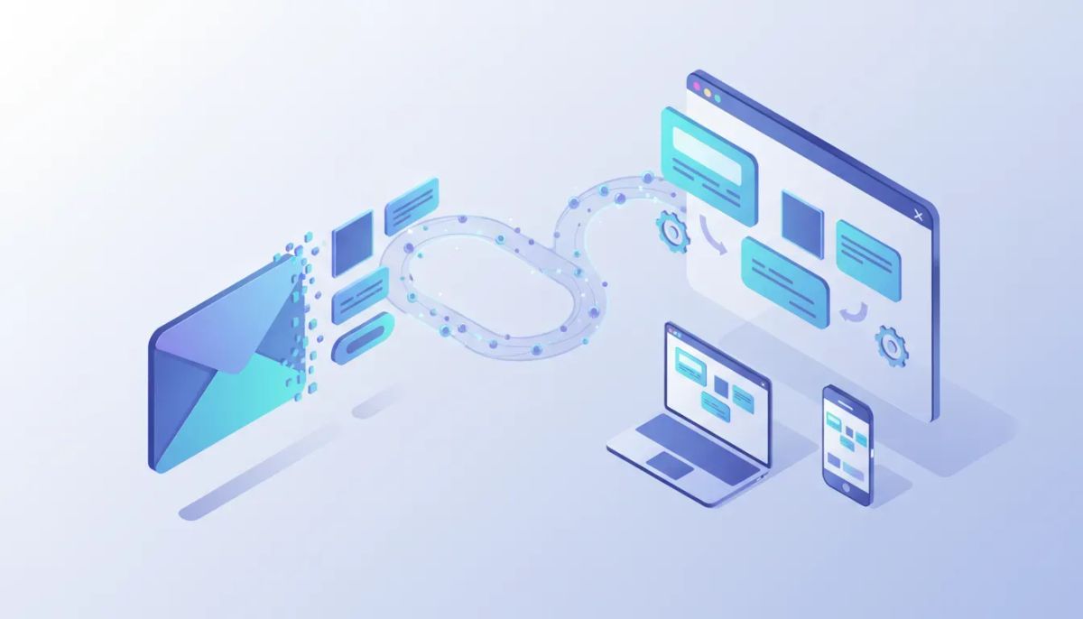 Isometric illustration of an email envelope transforming into editable template blocks flowing into a CRM dashboard with AI data lines and automation icons