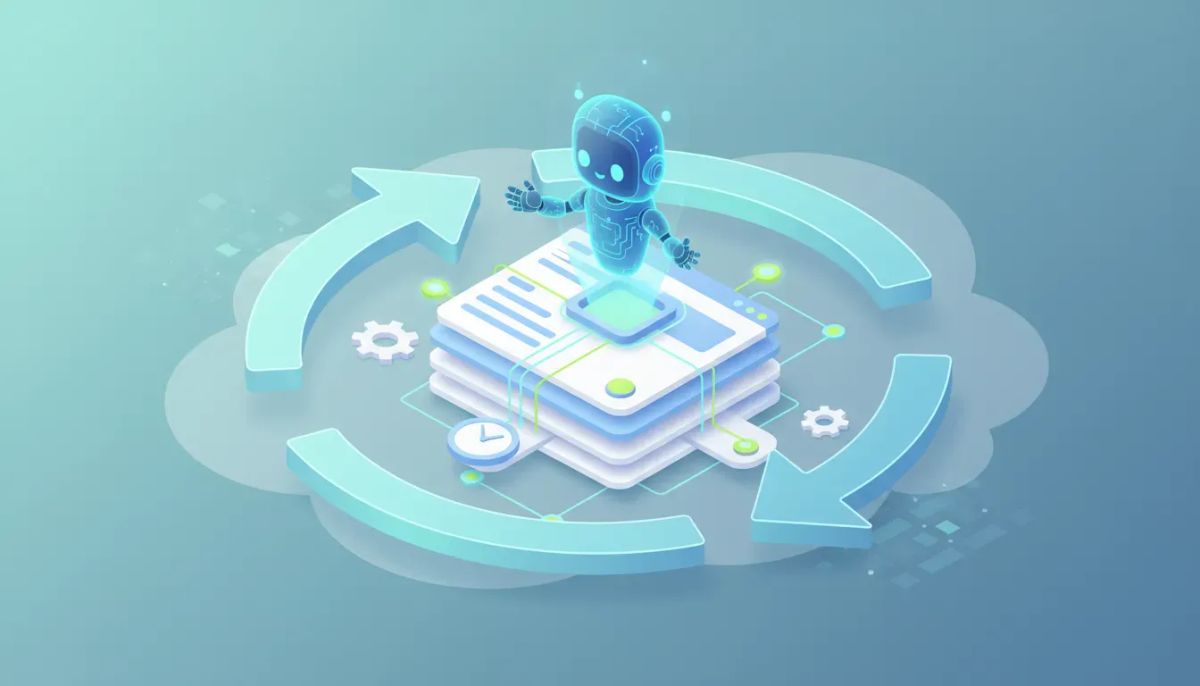 Cloud-based knowledge base with stylized web pages, circular refresh arrows and an AI assistant, representing auto-refresh for HighLevel knowledge base links
