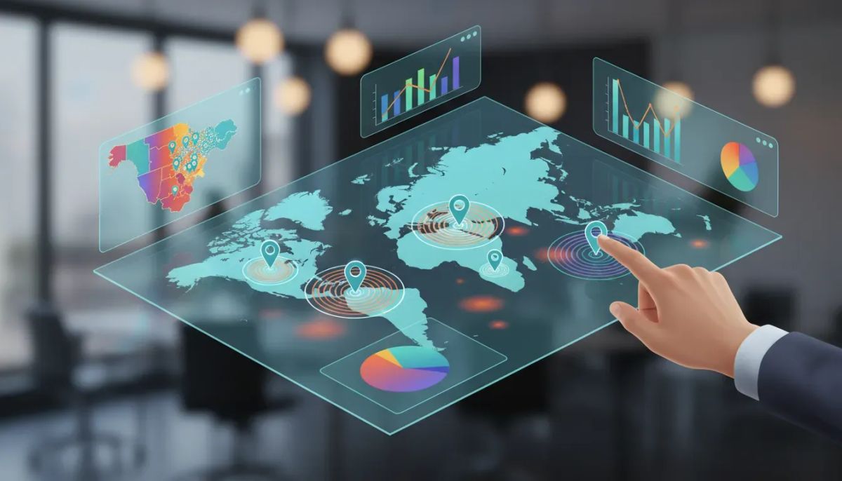 Interactive digital marketing map with heatmap and glowing pins showing country, state, and city targeting on an analytics dashboard