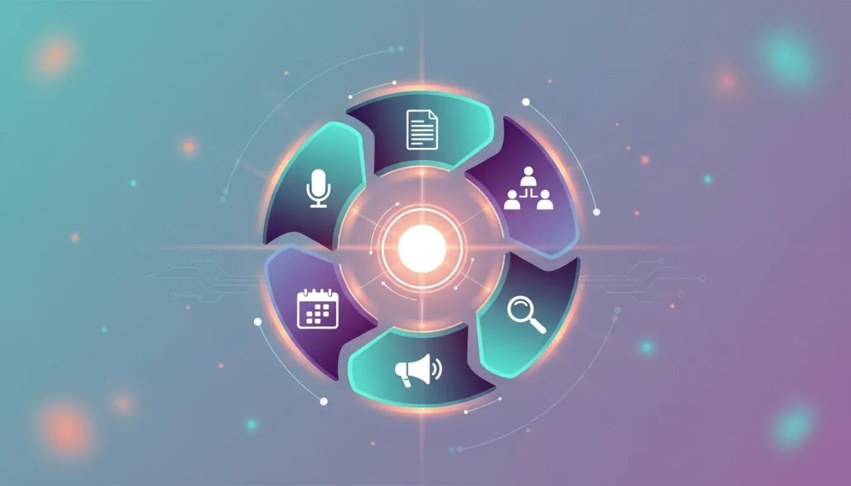 Stylized glowing flywheel with interconnected icons for podcast, article, megaphone, research, events, and audience — a visual metaphor for the visibility flywheel and building a personal br