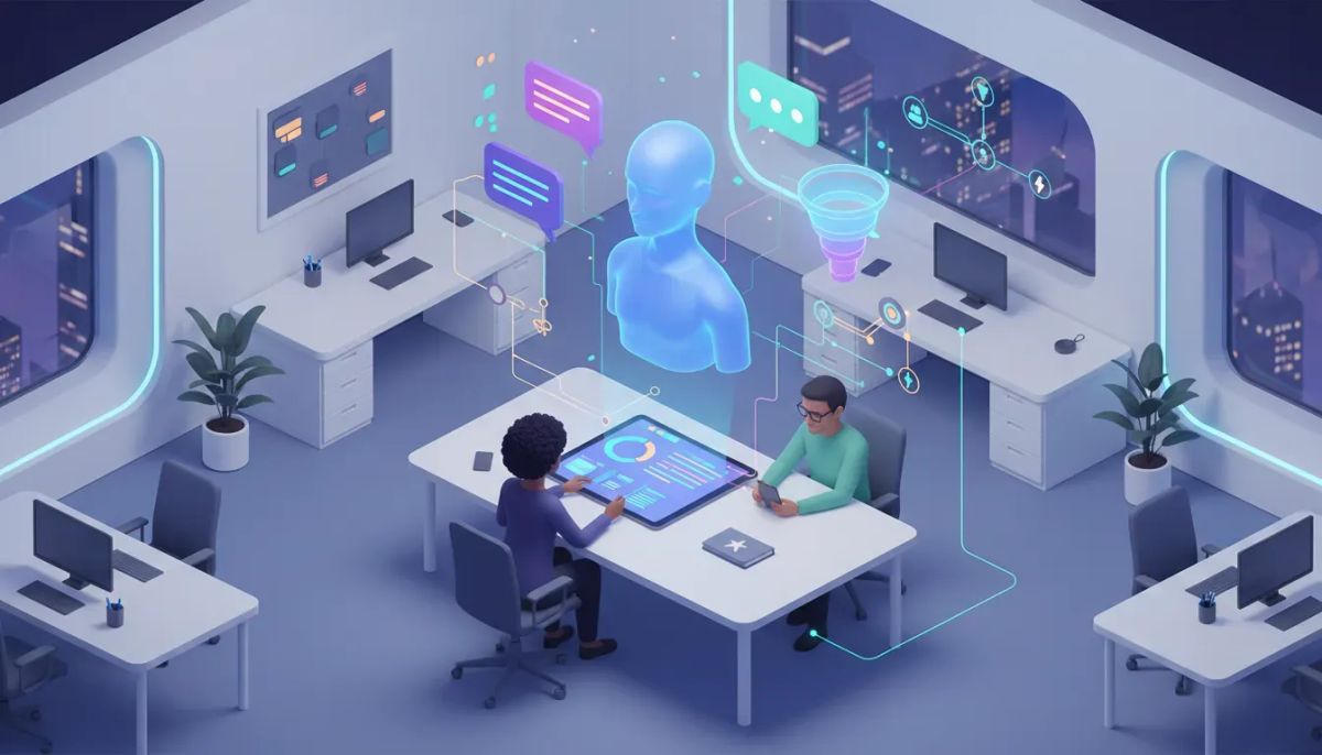 Illustration of an AI conversational assistant projecting automated agency workflows across laptop and mobile devices