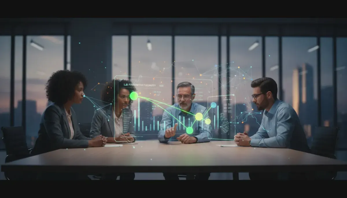 Sales team around an AI-powered holographic lead-scoring dashboard prioritizing high-value leads