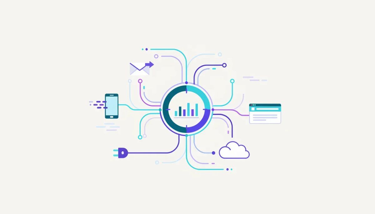 Illustration of inbound webhooks sending external data into a central HighLevel CRM hub with connected integration sources and automated workflow lines.