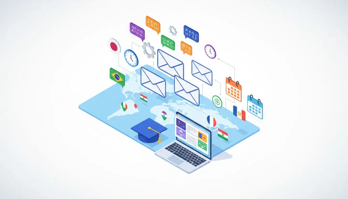 Vector illustration of localized course emails: envelopes over a world map with flags, a laptop showing course tiles, gears for automation, clocks and calendar icons, and speech bubbles with