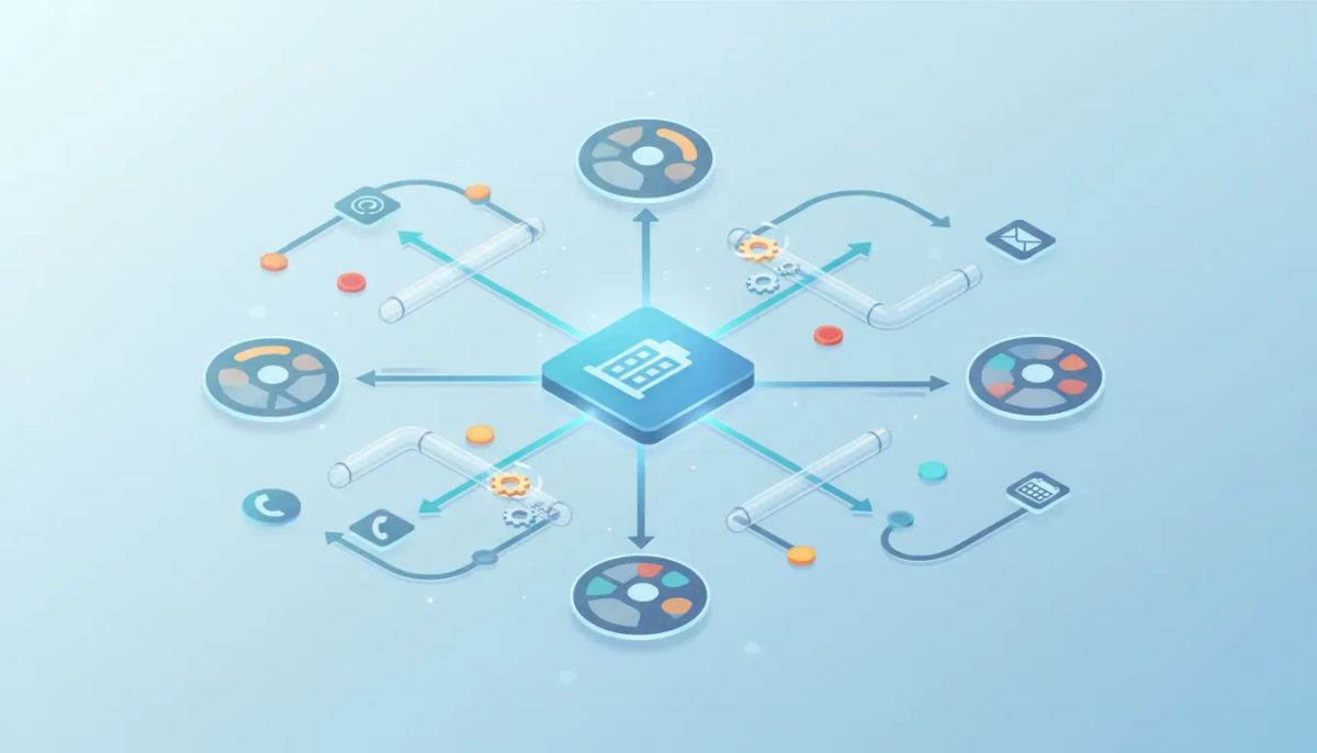 Isometric illustration of a company record linked to contact profiles with routed arrows, automation gears, and colored variable tokens representing personalized workflow routing