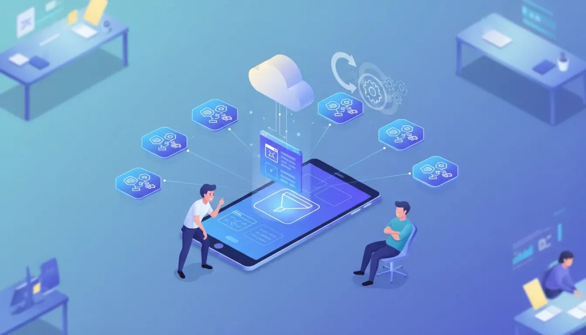 Isometric illustration of a digital agency cloning client environments with reusable HighLevel snapshots: laptop with glowing blueprint, floating website, funnel, workflow and automation ico