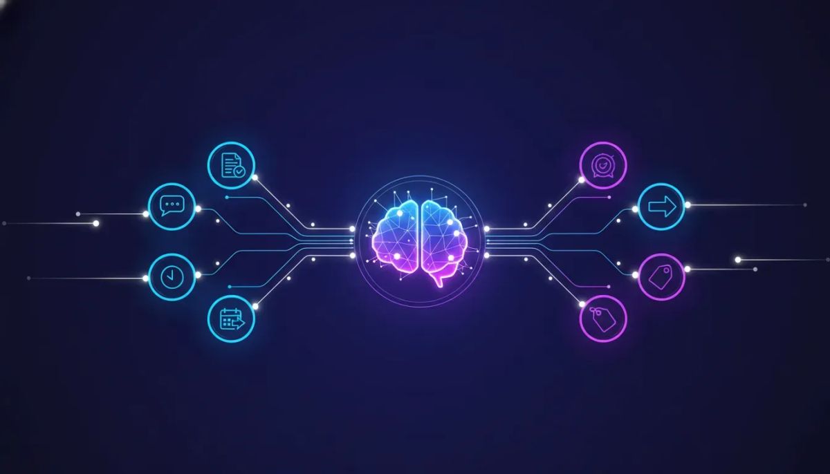 Neon event-driven AI network illustrating real-time triggers flowing into an AI core for instant responses in a CRM workflow.