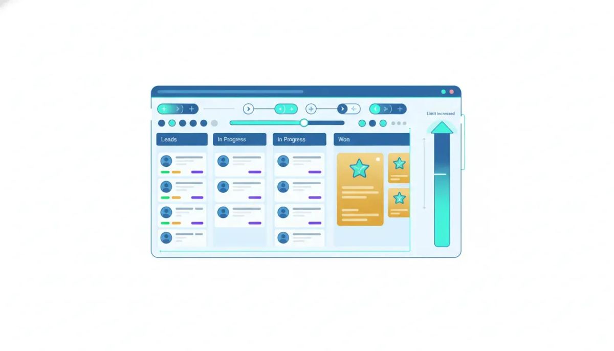 Illustration of a CRM dashboard showing pipeline sorting with custom field filter chips and an increased slider control, representing improved opportunity management in HighLevel.