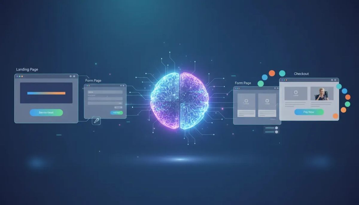 Abstract illustration of an AI assistant editing a multi-step website funnel, adjusting headlines, button styles, and brand colors across layered page mockups