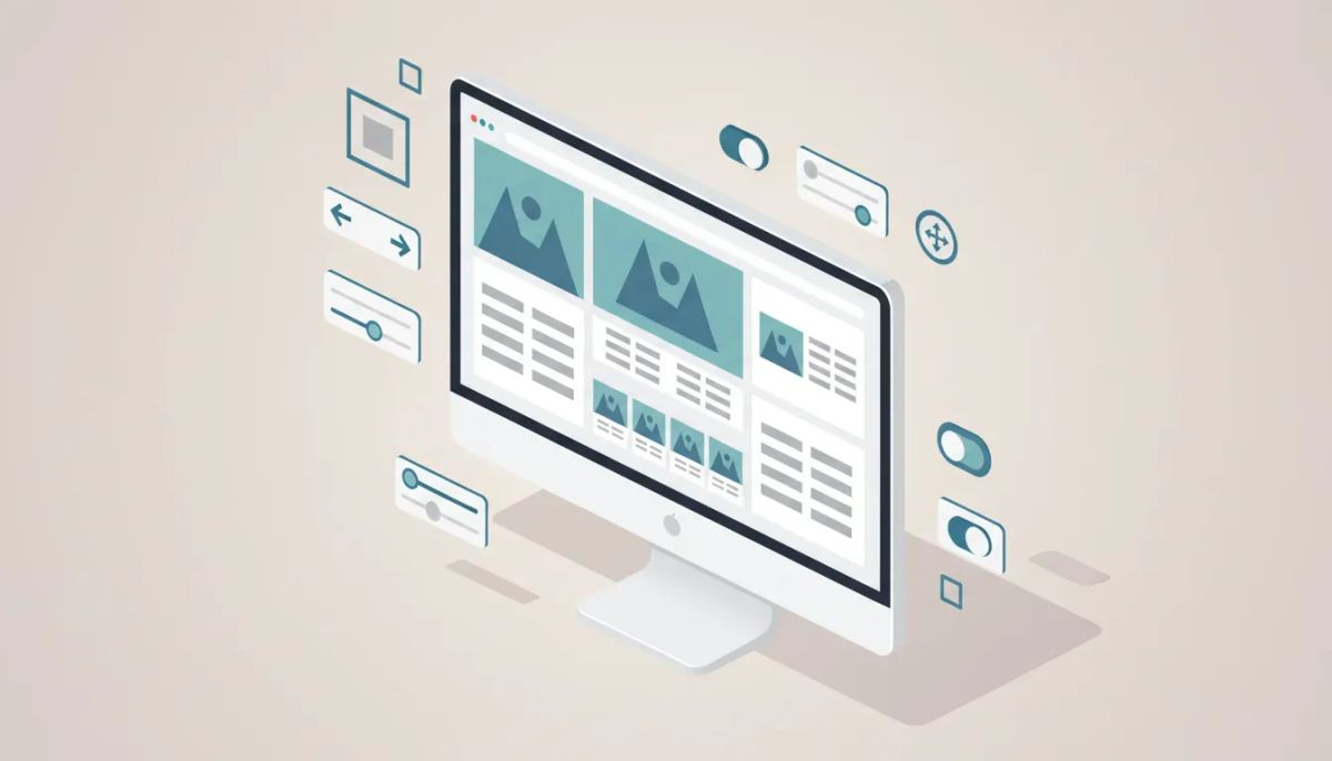 Illustration of a desktop e-commerce product page editor showing product image and details panels with adjustable media size and left/right layout alignment, no text