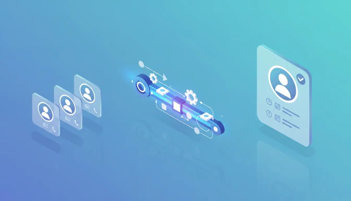 Isometric illustration of duplicate CRM contact cards being merged into one clean contact via an automated workflow with gears and arrows, representing merge contact automation in a CRM