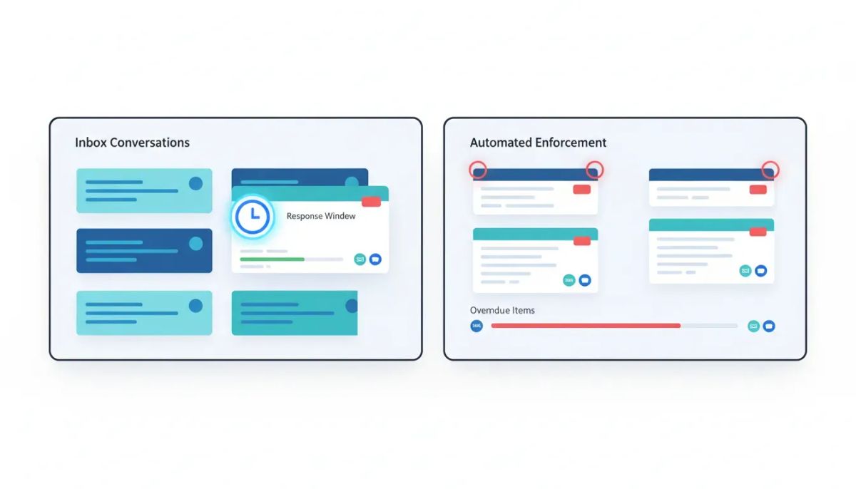 Illustration of a SaaS conversations dashboard showing SLA response tracking with progress and overdue alerts across messaging channels, with no text.