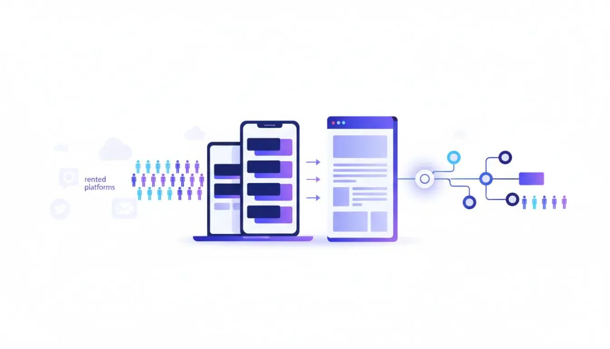 Illustration showing a day-1 digital product launch strategy: short-form content attracting an audience flowing into a landing page, email capture, and automated conversions with arrows and 