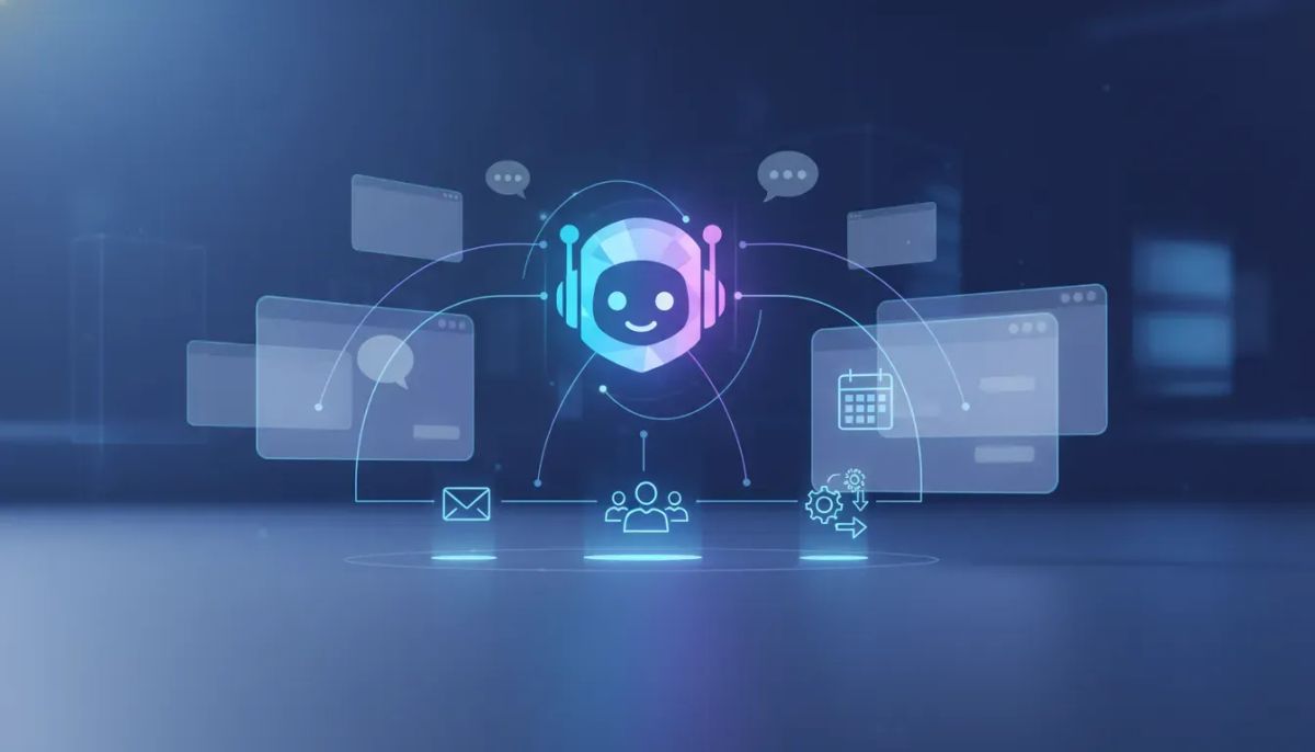 Illustration of a futuristic AI assistant integrated into a CRM dashboard, showing visual workflow automation and task execution symbols with no text.