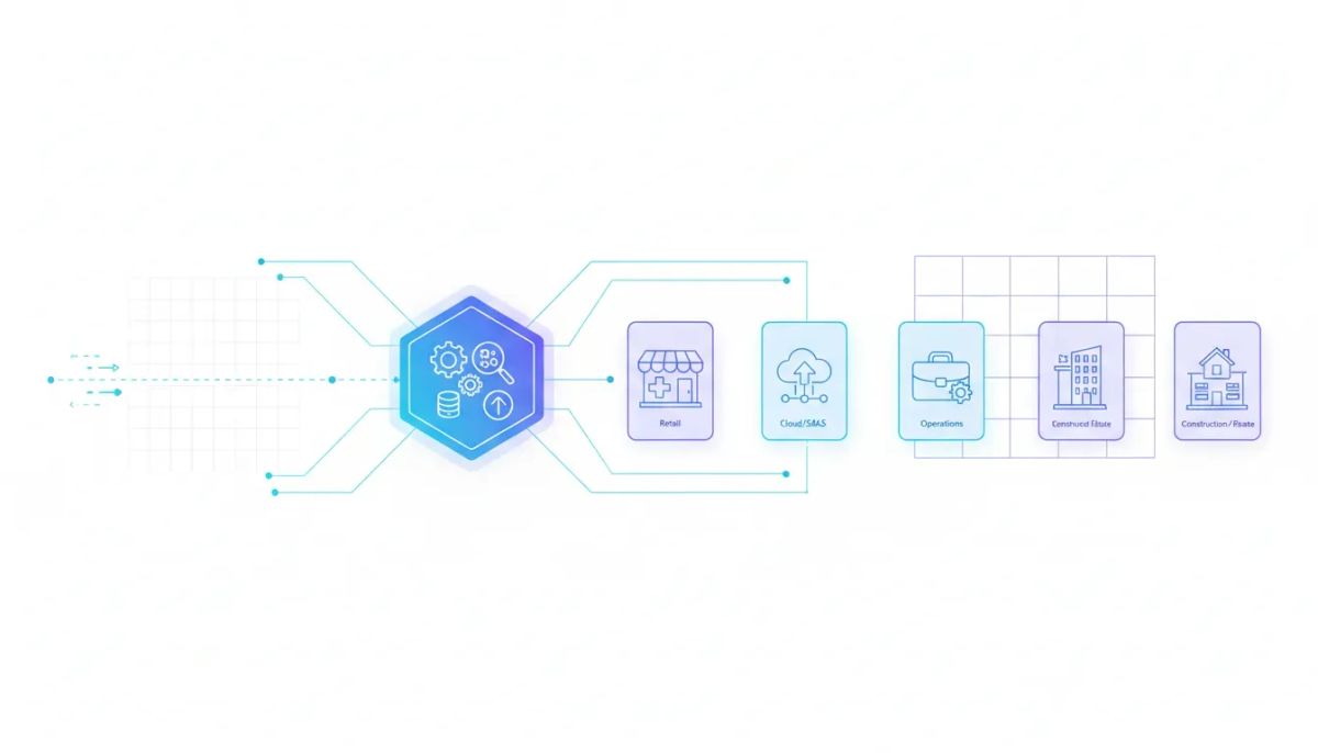 Illustration showing pre-built CRM custom object templates connected from an empty workspace to organized industry-specific modules, with a central hub and icons only (no text).